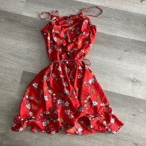 Red floral wrap dress